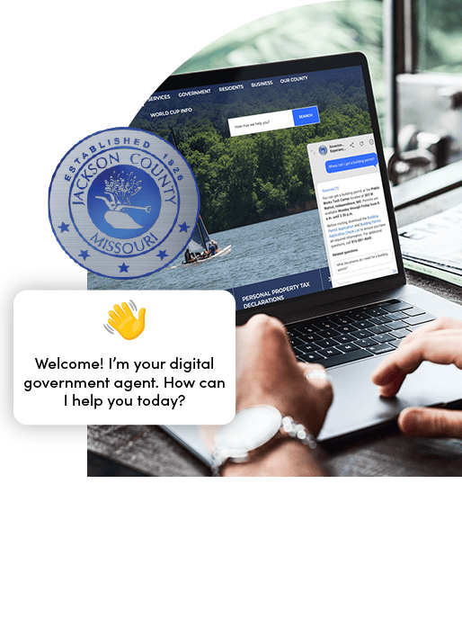 Person using a laptop to navigate a county government website with an AI chat assistant providing policy-aligned responses, emphasizing secure and transparent digital services.