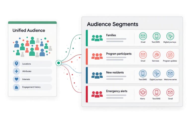 Unified audience data segmented into families, program participants, new residents, and emergency alert groups for targeted communications.