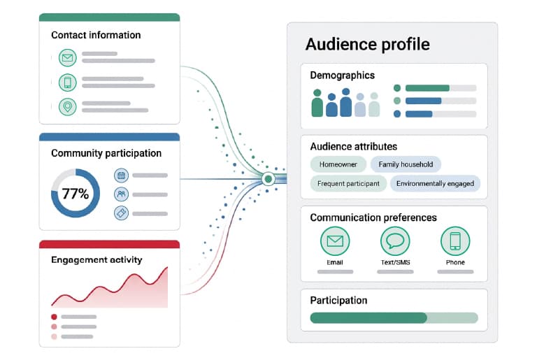 Audience profile dashboard combining contact information, community participation, engagement activity, demographics and communication preferences.