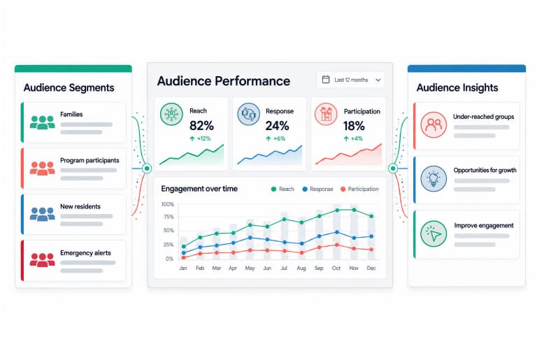 Audience performance dashboard showing segments, engagement trends, reach, response, participation, and audience insights.