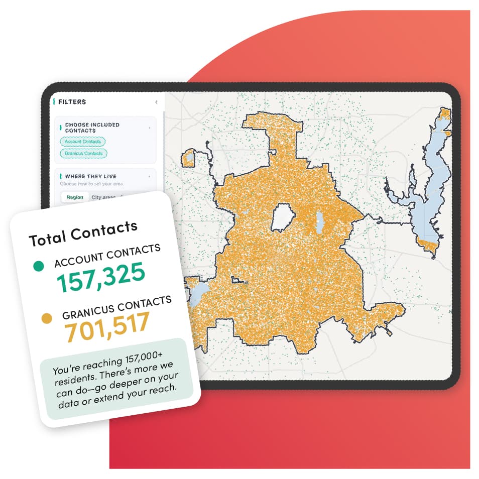 Interactive audience mapping dashboard showing geographic contact distribution, filtering options, and total account and Granicus contact counts.
