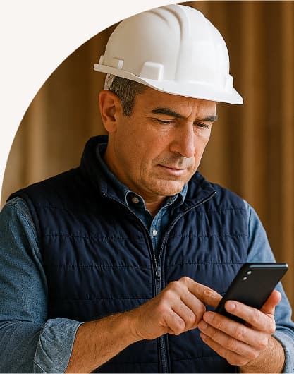 An inspector scrolls through his phone as he walks through an unfinished building.