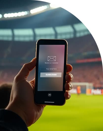 Hand holding a smartphone with a subscription screen displayed inside a stadium during a soccer match.