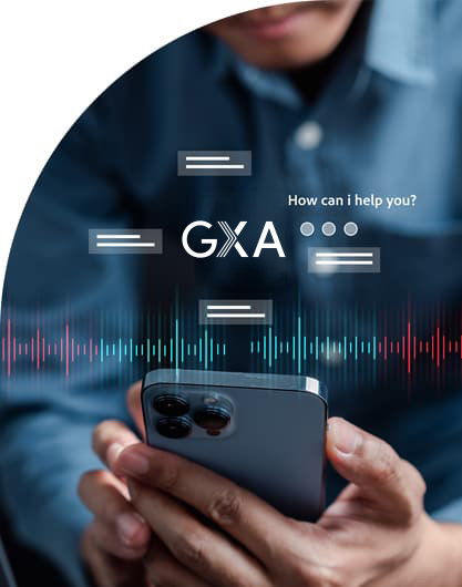 Person holding a smartphone while a digital voice assistant interface labeled “GXA” with chat icons and audio waveforms overlays the screen, suggesting AI-powered mobile interaction.