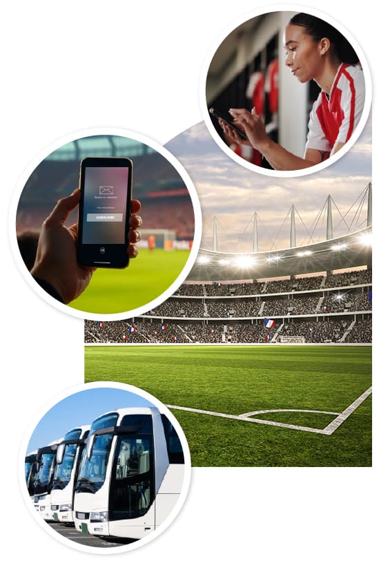 Imagery of World Cup host city organizations and stakeholders: soccer field and player, transportation buses, and a resident subscribing to notifications.