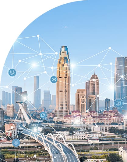 City skyline with a prominent central tower and bridge in the foreground, overlaid with interconnected network lines and digital icons representing data connectivity.