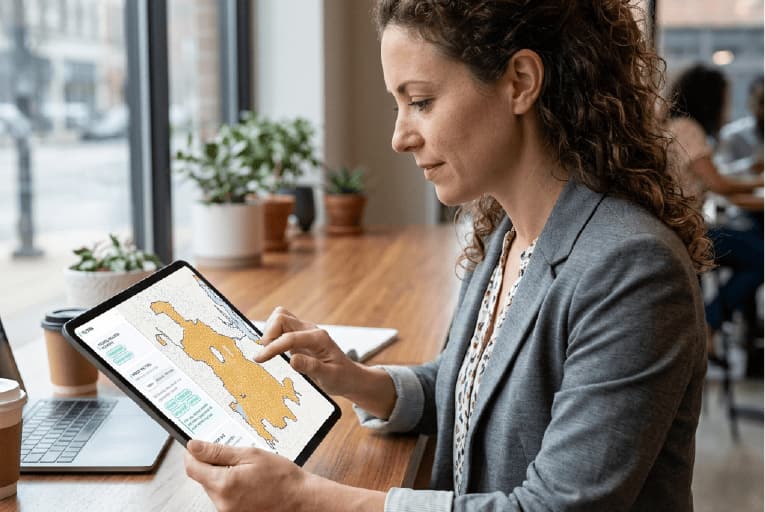 Person reviewing a digital map and audience analytics on a tablet while working at a desk in a modern office.