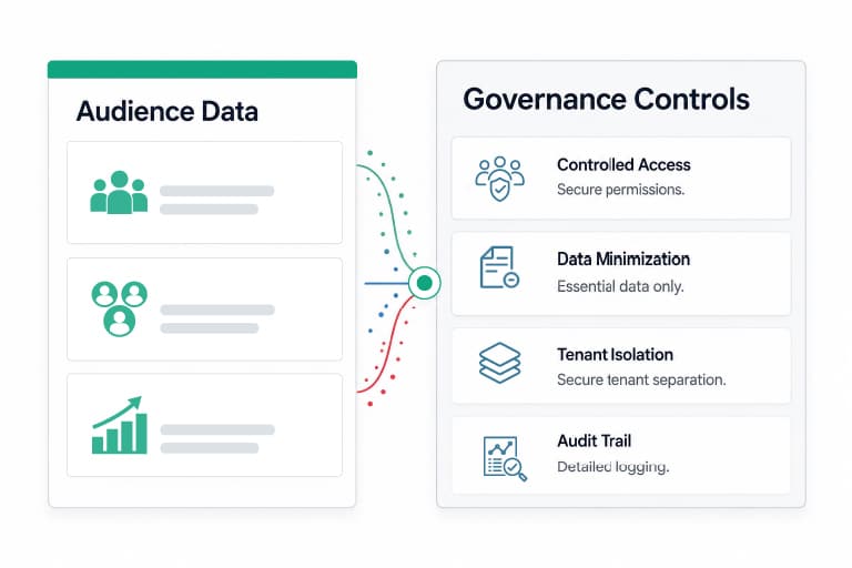 Audience data connected to governance controls for access, data minimization, tenant isolation and audit trails.