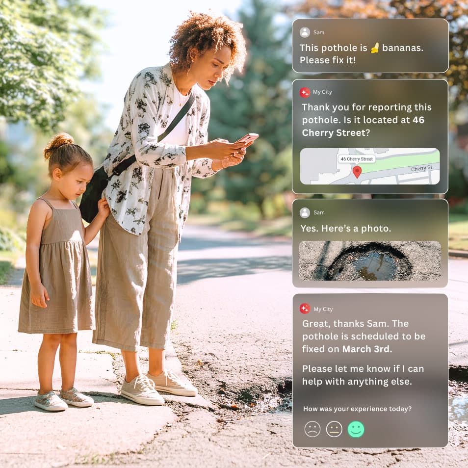 Person using a smartphone to report a pothole on a sidewalk, with on-screen messages showing a local government response confirming the issue and scheduling a repair.
