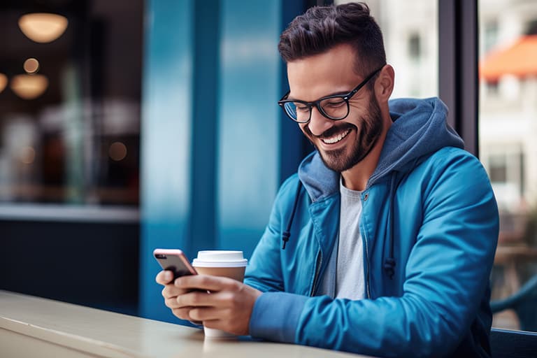 A white man in his 30s wearing glasses and a bright blue jacket while sitting a table drinking coffee and looking at positive data on his phone