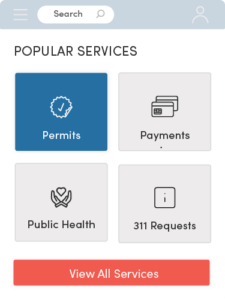 Granicus Service Cloud dashboard listing popular services such as 311, health and human services, and transportation