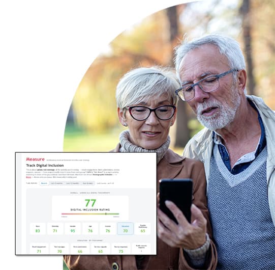 Analytics dashboard overlaid beside two people viewing a smartphone, illustrating engagement insights and participation trends.
