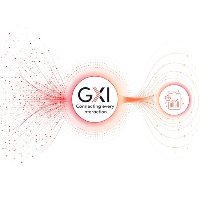 GXI logo with flowing red data lines connecting to an analytics dashboard icon, representing connected interactions and insights.