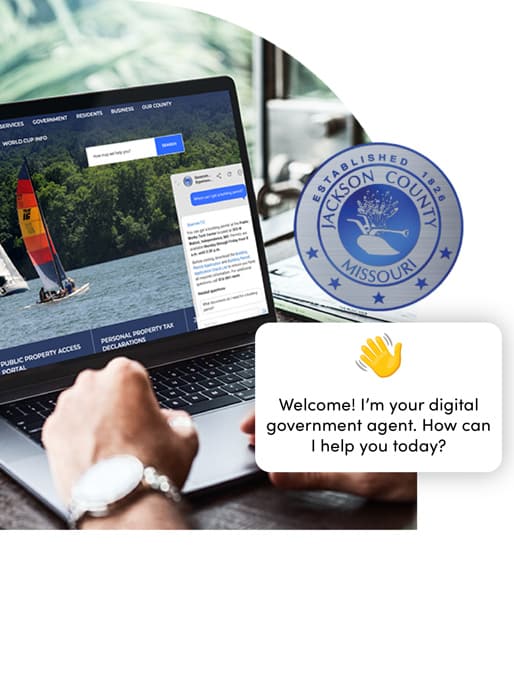 Person using a laptop to navigate a county government website with an AI chat assistant providing policy-aligned responses, emphasizing secure and transparent digital services.