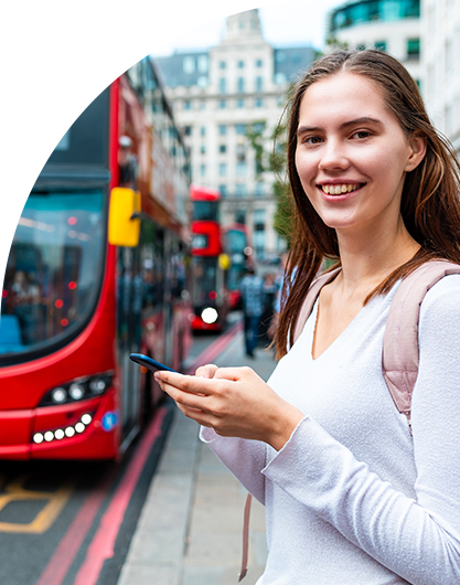 Woman waiting for bus and engaging online