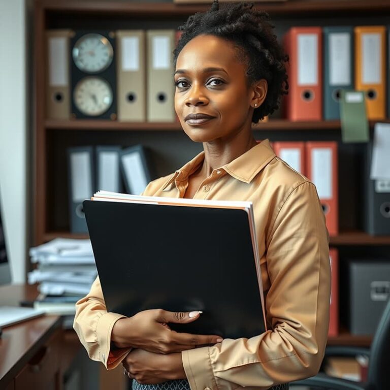 Confident female African-American clerk holding public records.