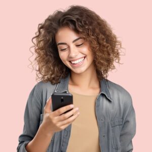 Young adult woman holding her phone and smiling