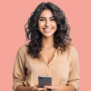 Young, happy brunette woman holding her cell phone and smiling