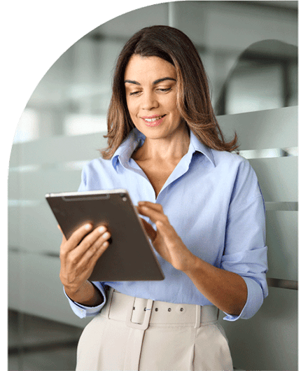 Woman interacting with her government digitally on a tablet