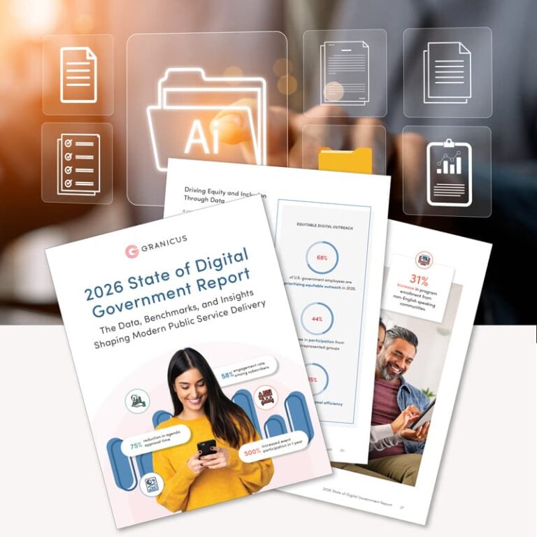 Digital Government Report cover and pages with infographics, featuring a smiling woman using a smartphone. Icons of documents and AI overlay the background, suggesting data and digitization themes.