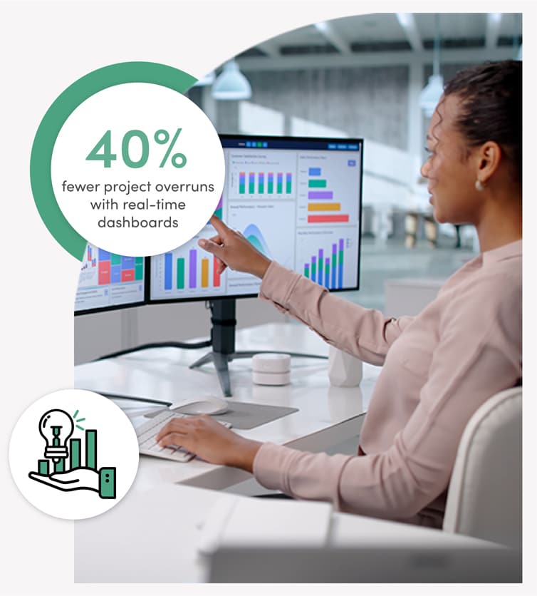 A person in a government office points at colorful bar charts on computer screens. Text reads 