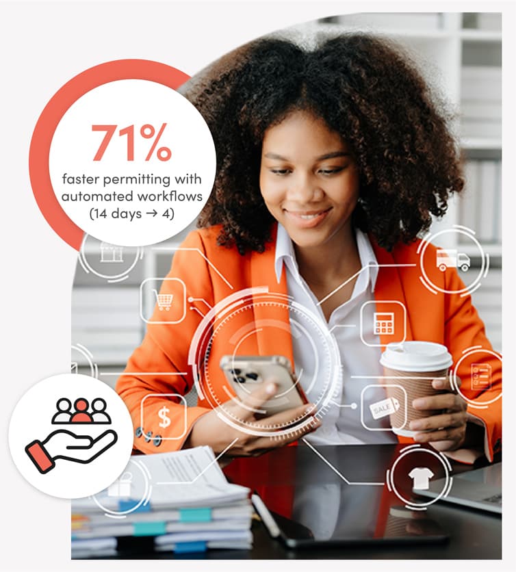 A smiling woman in an orange blazer holds a phone and coffee. Overlayed icons signify automation. Text reads 