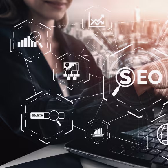 SEO icons overlaying a businesswoman