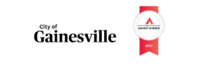 Granicus Digital Award Winner badge and 1st place winner, Gainesville, FL's city logo