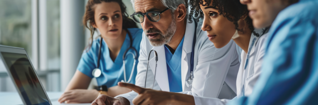 A doctor and nurses reviewing digital patient information in a council health and care organisation