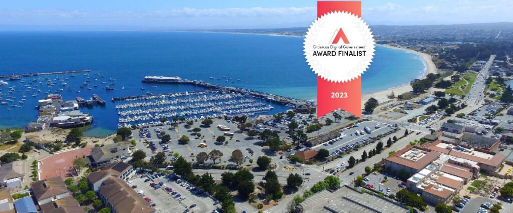 Aerial view of the county of Monterey, California and Granicus digital awards finalist badge