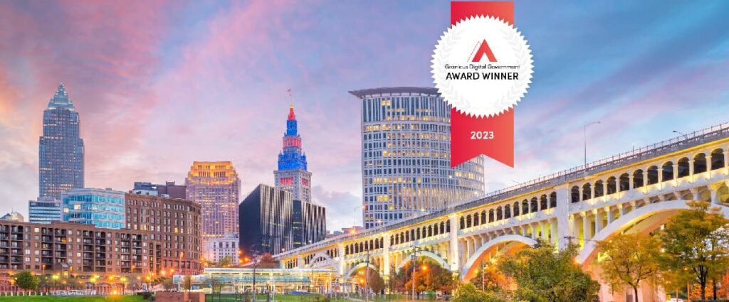Cleveland, Ohio skyline and bridge with overlay of Granicus Digital Government Awards winner badge