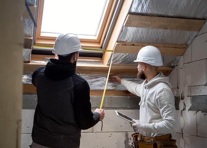 Two contractors in hard hats rebuilding a damaged roof.