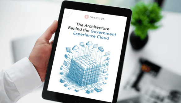 User examining the 'Architecture Behind the Government Experience Cloud' page on a tablet, exploring cloud infrastructure details of Granicus' Government Experience Cloud.