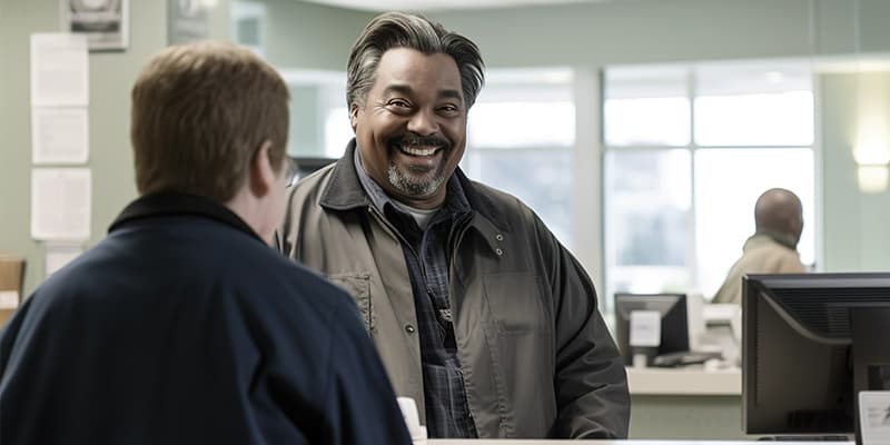 Happy man at public service township counter