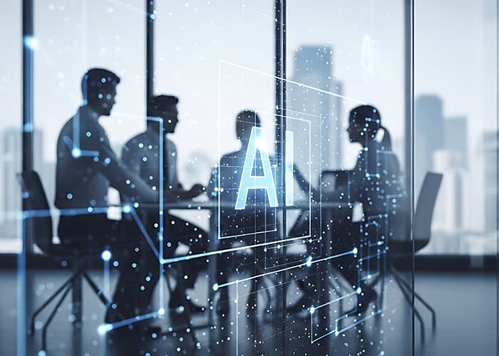 Artificial intelligence meeting in modern office with professionals discussing