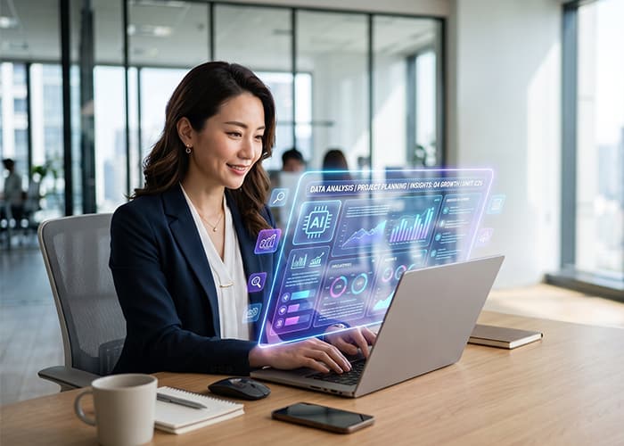 Businesswoman Using AI Assistant in Modern Office