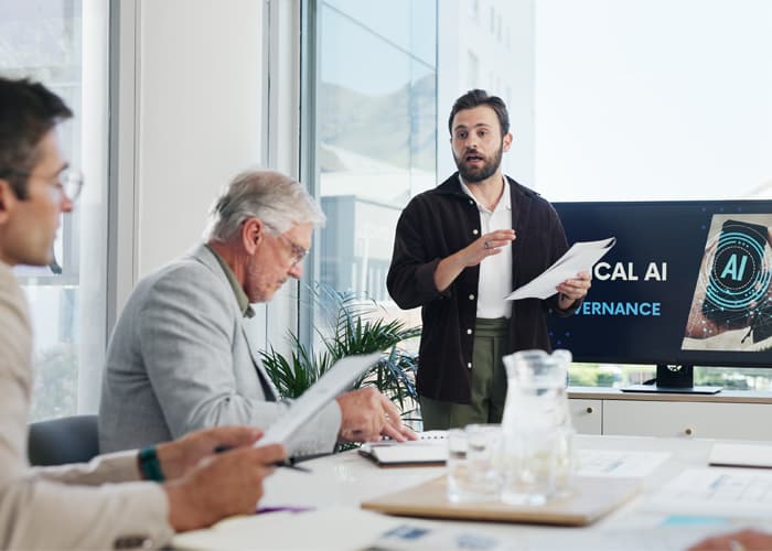 Businessman reviewing documents with team in office, illustrating AI governance and digital government systems