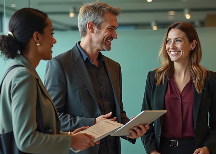 Three business professionals in smart attire animatedly in modern office reviewing documents