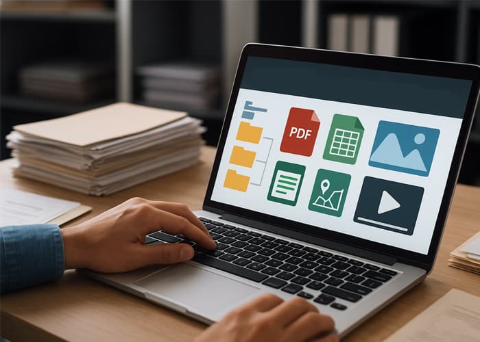 Person working on a laptop browsing a digital document management system, with icons of PDFs, spreadsheets, photos, GIS maps, and videos visible on the screen