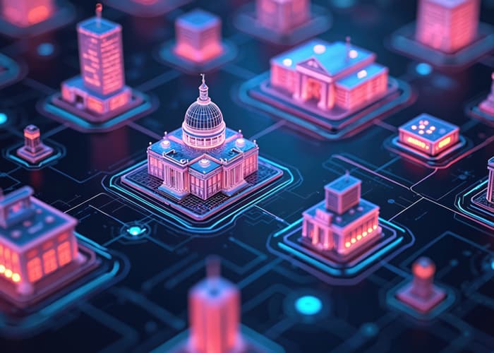 Futuristic smart city shows interconnected government buildings, public services on glowing digital circuit board network