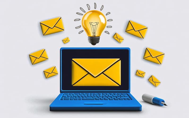 Email marketing campaign ideas visualized with a blue laptop surrounded by email envelopes and a lightbulb, representing key metrics for successful campaigns.