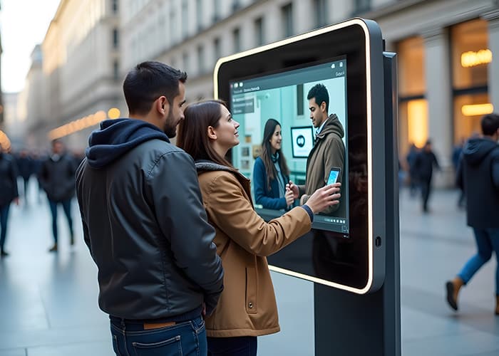 Residents Using AI Public Service Kiosk in Smart Plaza