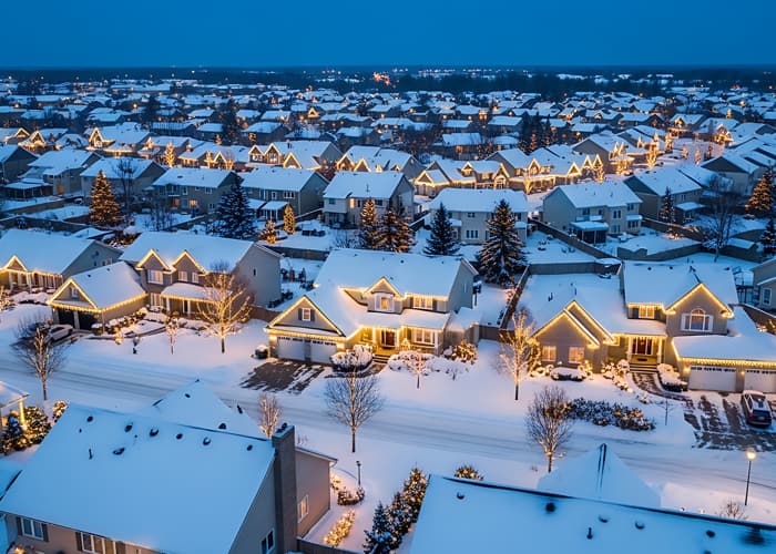 Aerial view of a snow-covered residential neighborhood adorned with glowing holiday lights during a peaceful winter evening