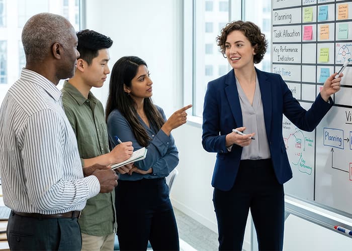 A diverse group of professionals collaborates around a whiteboard displaying a project timeline.