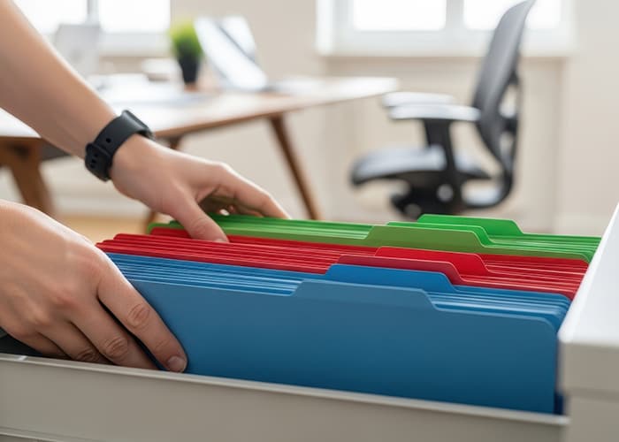 Woman's hands placing file folders in a drawer, organizing office documents