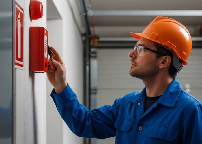 Man in hard hat inspecting a fire alarm