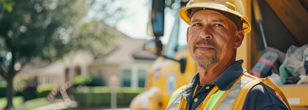 Waste service team employee standing in front of a home next to his waste collection truck.