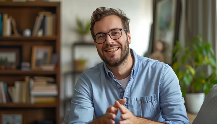 Man wearing a comfortable blue shirt smiling and engaging.