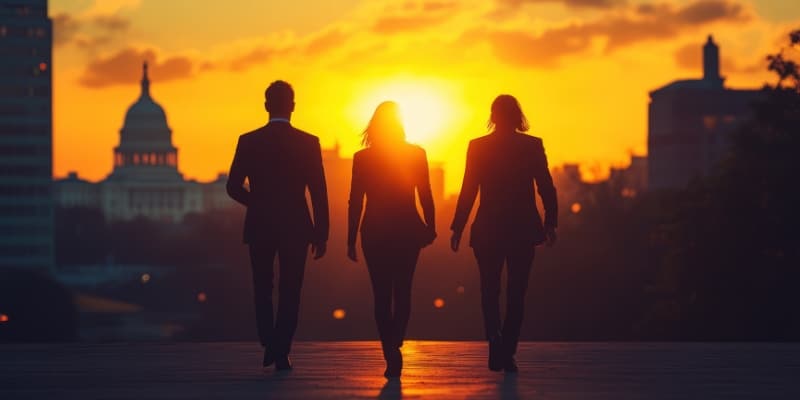 Three government professionals walk together at sunset with a city skyline in the background.