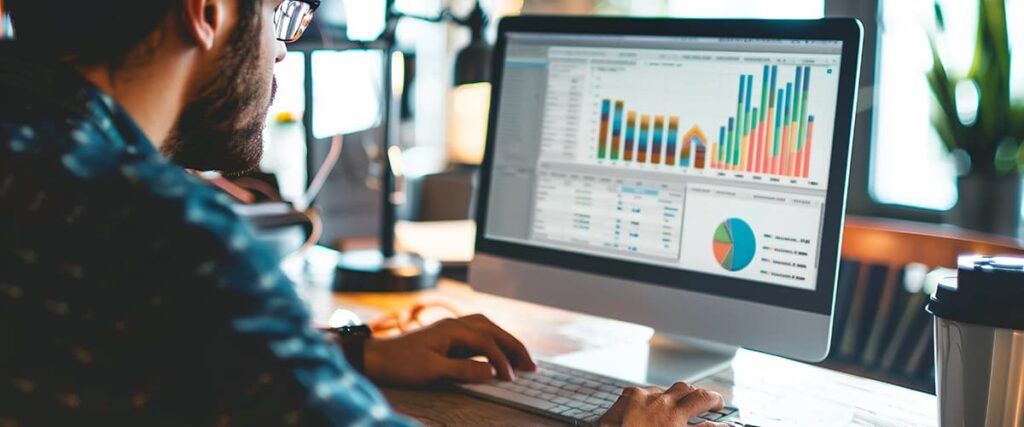 Male federal employee analyzing data analytics and charts on his work computer, representing the use of data and AI to enhance customer experience (CX) in federal agencies.